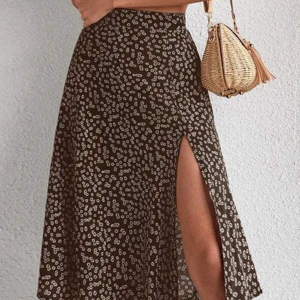 Women's Midi Skirt - High Waist - A-Line Silhouette - Floral Print - Side Slit