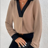 Women’s Blouse – V-Neck Contrast Trim – Long Sleeve – Soft Breathable Blend