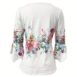 Women's Blouse - V-Neck Button Detail - Long Sleeve Flowy Floral Print
