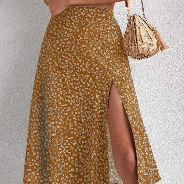 Women's Midi Skirt - High Waist - A-Line Silhouette - Floral Print - Side Slit