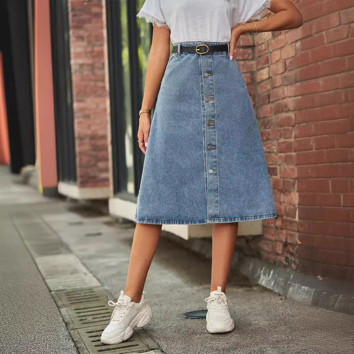 Women's Midi Denim Skirt - High Waist A-Line - Button Front Casual Chic