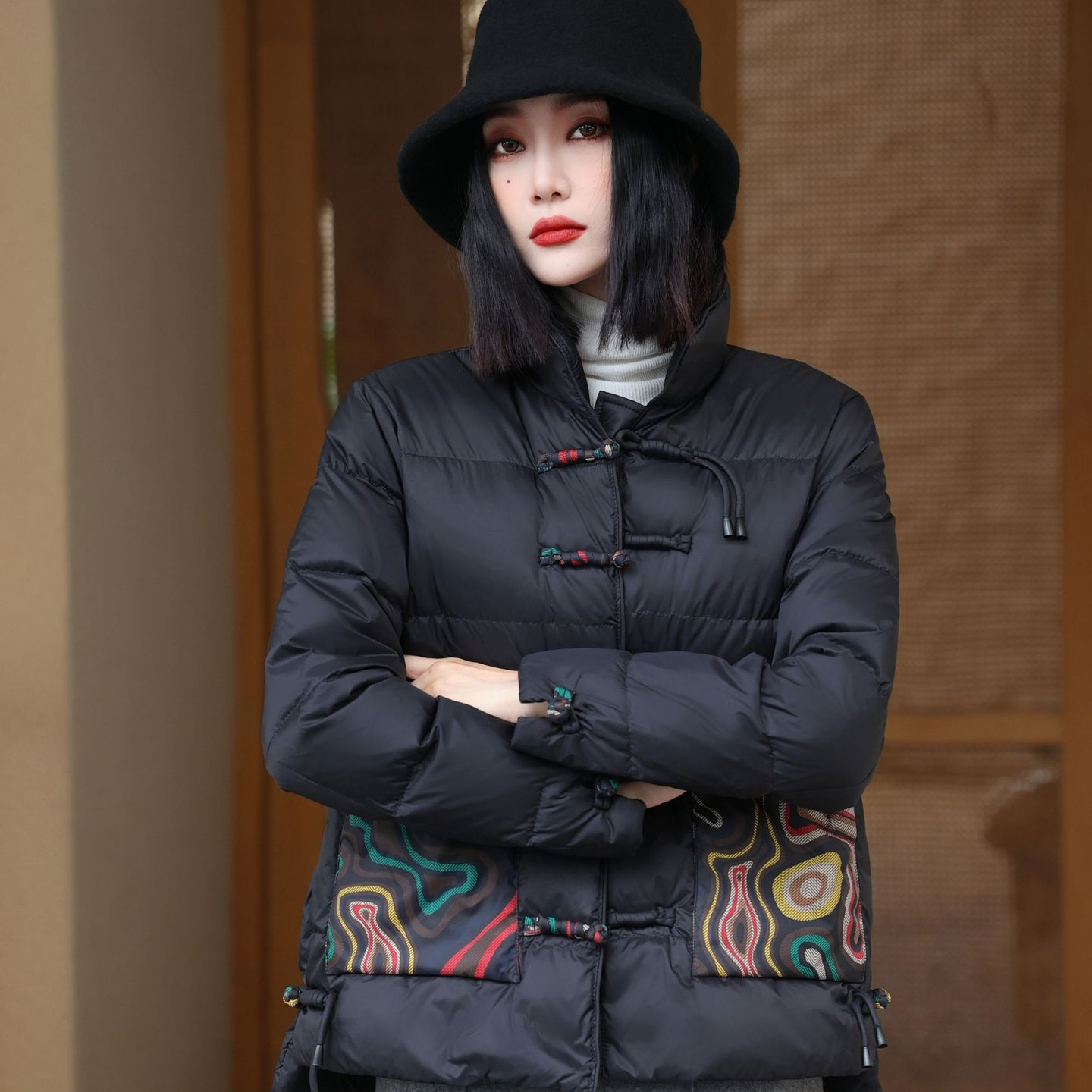 Women’s Jacket – Oversized Quilted Puff – High Collar – Frog Closures – Patterned Pockets