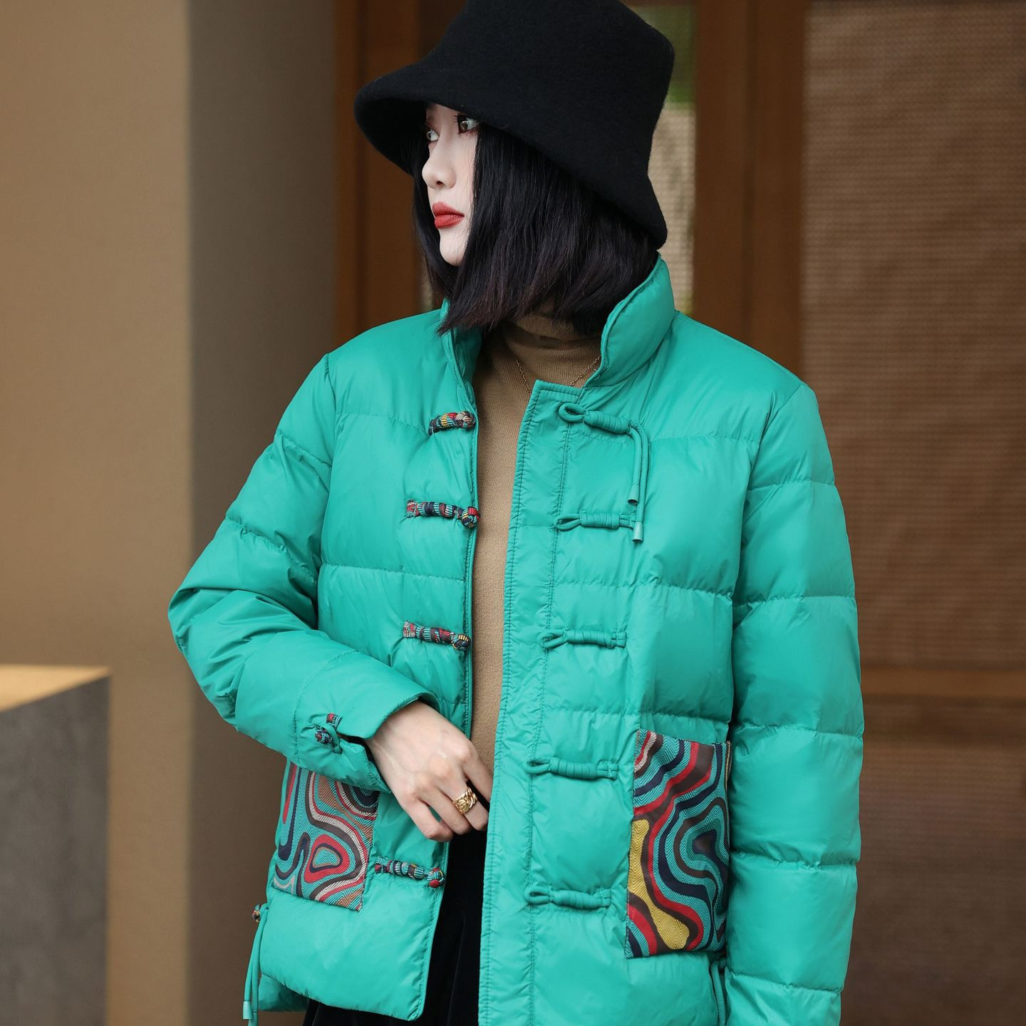 Women’s Jacket – Oversized Quilted Puff – High Collar – Frog Closures – Patterned Pockets