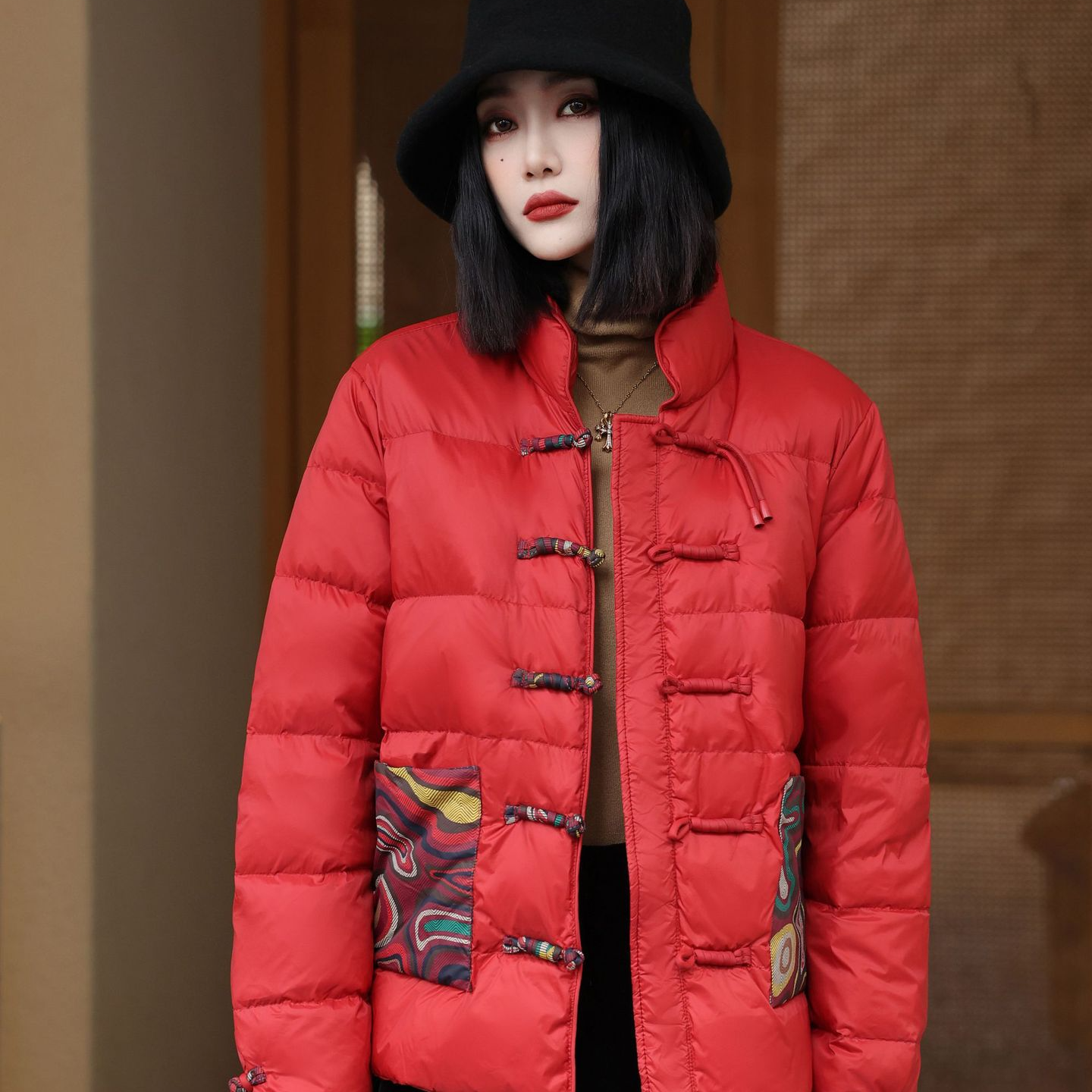 Women’s Jacket – Oversized Quilted Puff – High Collar – Frog Closures – Patterned Pockets