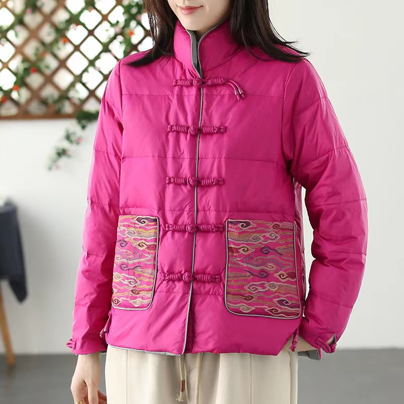 Women’s Padded Jacket – Loose Fit – Stand Collar – Embroidered Pockets – Knot Buttons