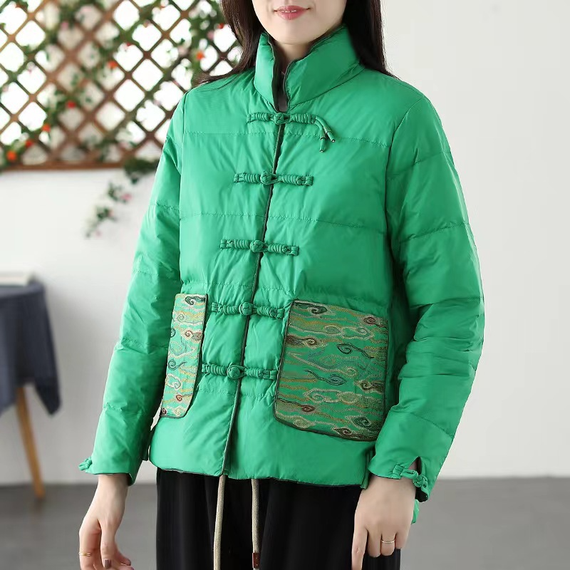 Women’s Padded Jacket – Loose Fit – Stand Collar – Embroidered Pockets – Knot Buttons