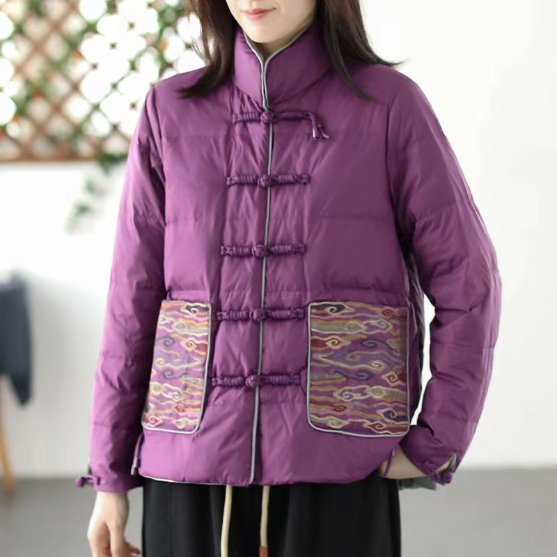 Women’s Padded Jacket – Loose Fit – Stand Collar – Embroidered Pockets – Knot Buttons