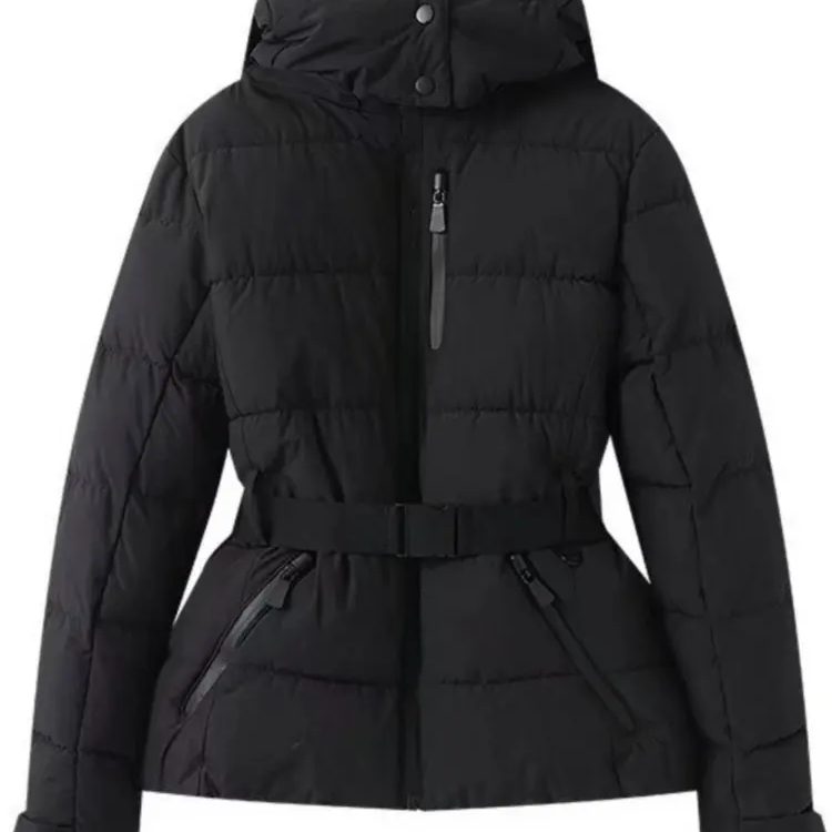 Women’s Ski Jacket – Quilted Puffer – Waterproof – Belted Waist – Hood