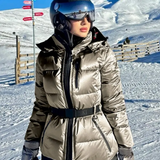 Women’s Ski Jacket – Quilted Puffer – Waterproof – Belted Waist – Hood