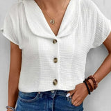 Women’s Blouse – Relaxed Fit – Crinkled Texture – Button Front – Cropped Short Sleeve