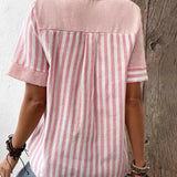 Women's Blouse - Lightweight Breathable Fabric - Striped - Mandarin Collar - Short Cuffed Sleeves