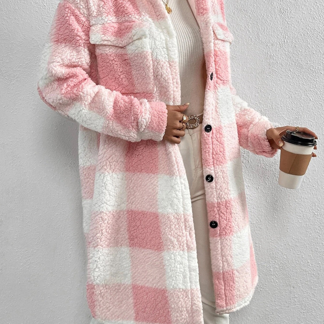 Women's plaid jacket with plush collar and buttons