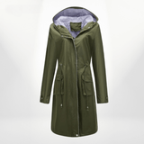 Women’s Trench Coat – Waterproof Over-Knee – Hooded – Adjustable Waist – Flap Pockets