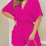 V-Neck Short Sleeve Romper - Shirred Waist Jumpsuit for Spring & Summer Women's Fashion