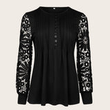Women's Blouse - Long Lace Sleeves - Round Neck - Pintuck Detailing - Relaxed Fit