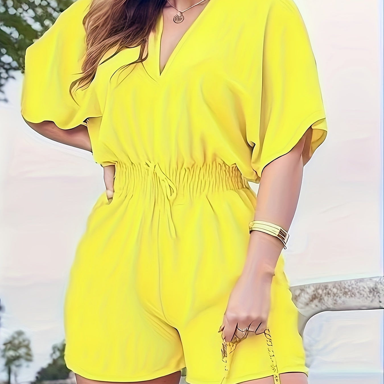V-Neck Short Sleeve Romper - Shirred Waist Jumpsuit for Spring & Summer Women's Fashion