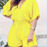V-Neck Short Sleeve Romper - Shirred Waist Jumpsuit for Spring & Summer Women's Fashion