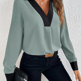 Women’s Blouse – V-Neck Contrast Trim – Long Sleeve – Soft Breathable Blend