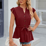 Women’s Blouse – Relaxed Fit – Eyelet Texture – Tie Waist – Notched Neck – Cap Sleeves