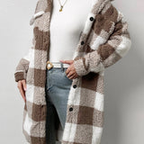 Women's plaid jacket with plush collar and buttons