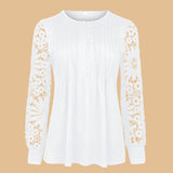 Women's Blouse - Long Lace Sleeves - Round Neck - Pintuck Detailing - Relaxed Fit