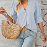 Women's Notched Neck Half Sleeve Blouse - Lightweight Casual Top