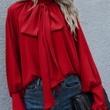 Tie-neck blouse with puff sleeves for women