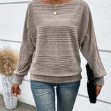 Women's Knitted Sweater - Ribbed Texture - Relaxed Fit - Wide Scoop Neck - Long Sleeves