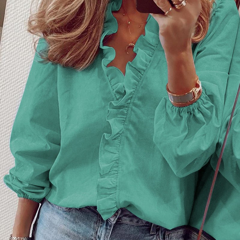 Women's Blouse - Ruffled Neckline - Tailored Fit - Three-Quarter Sleeves - Lightweight Fabric