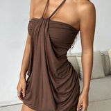 Charlotte | Chocolate Luxurious Mini Dress Neck-Tie