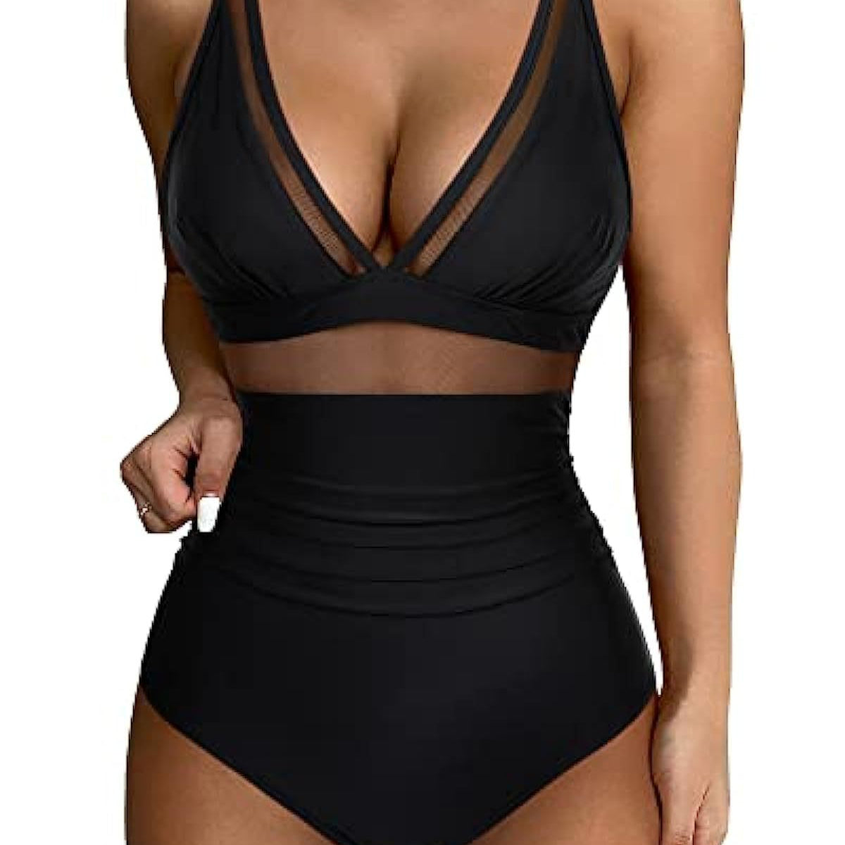 Women’s Swimsuit – Fitted One-Piece – Plunging Neckline – Mesh Panels – High-Cut Leg