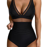 Women’s Swimsuit – Fitted One-Piece – Plunging Neckline – Mesh Panels – High-Cut Leg