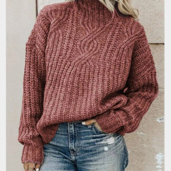 Women’s Pullover Sweater – Wool Cable Knit – High Neck – Relaxed Fit – Long Sleeve