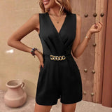 Women’s Wrap Romper – Tailored Fit – V-Neck Sleeveless – Chain Waist – Short Length