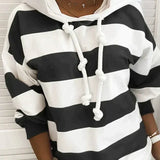 Women’s Hooded Sweatshirt – Oversized Fit – Jersey Knit – Striped – Knotted Drawstring