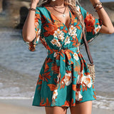 Women’s Romper – Floral Print – Wrap V-Neck – Ruffled Sleeves – Belted Short Fit