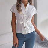 Women’s Blouse – Tailored Fit – Waist Tie – Short Sleeve – Button Front