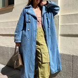 Women’s Trench Coat – Oversized Fit – Denim Texture – Full Length – Button Front