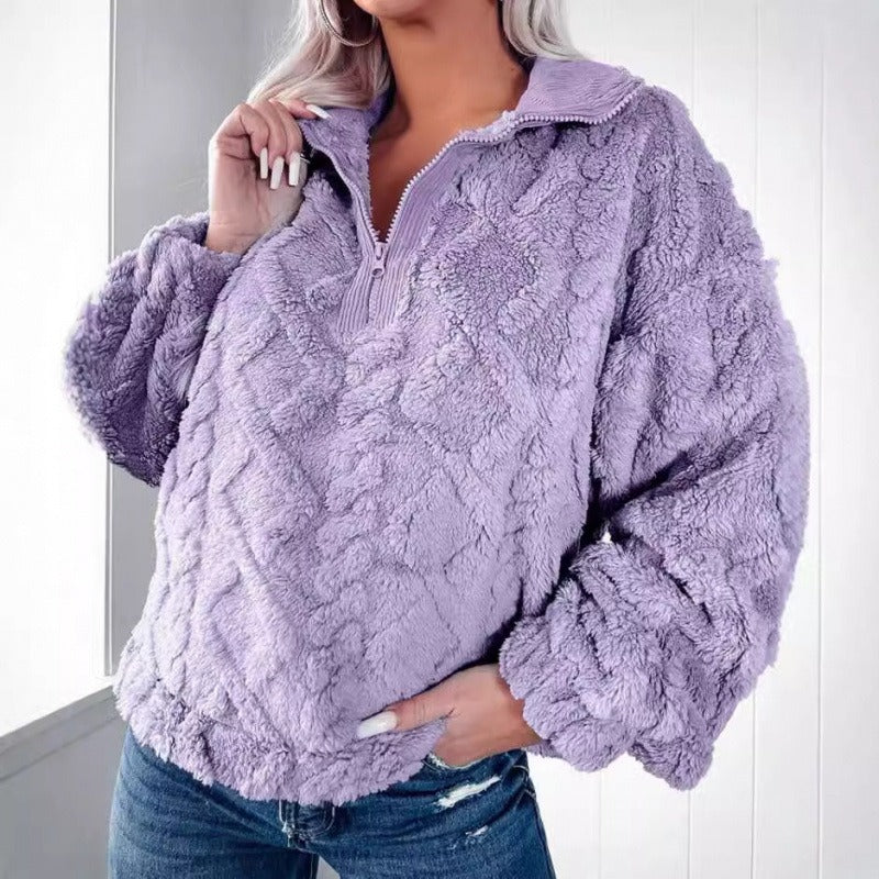Women’s Pullover Sweatshirt – Plush Fleece – Oversized Fit – Half Zip Stand Collar