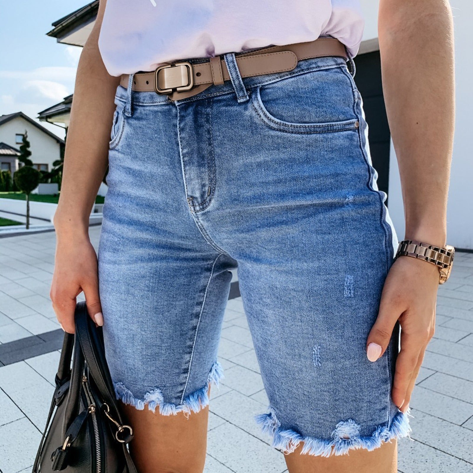 Women’s Denim Shorts – Mid Rise – Regular Fit – Distressed Fringe Hem – Mid Length