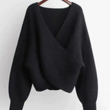 Women’s Oversized Sweatshirt – Knitted Ribbed Texture – V-Neck – Balloon Sleeves