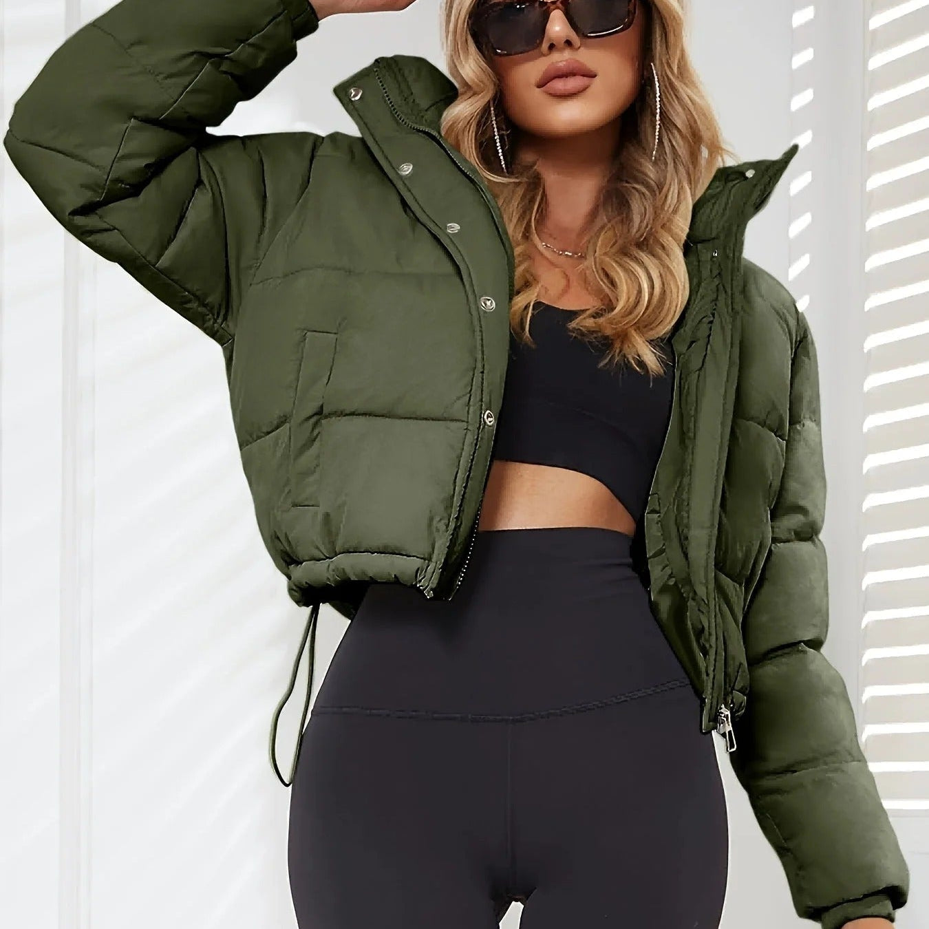 Women’s Puffer Jacket – Cropped Oversized Fit – Quilted Hooded with Drawstring Hem