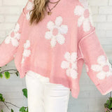 Women’s Pullover Sweater – Oversized Fit – Knit Weave – Beaded Floral Detail – Round Neck