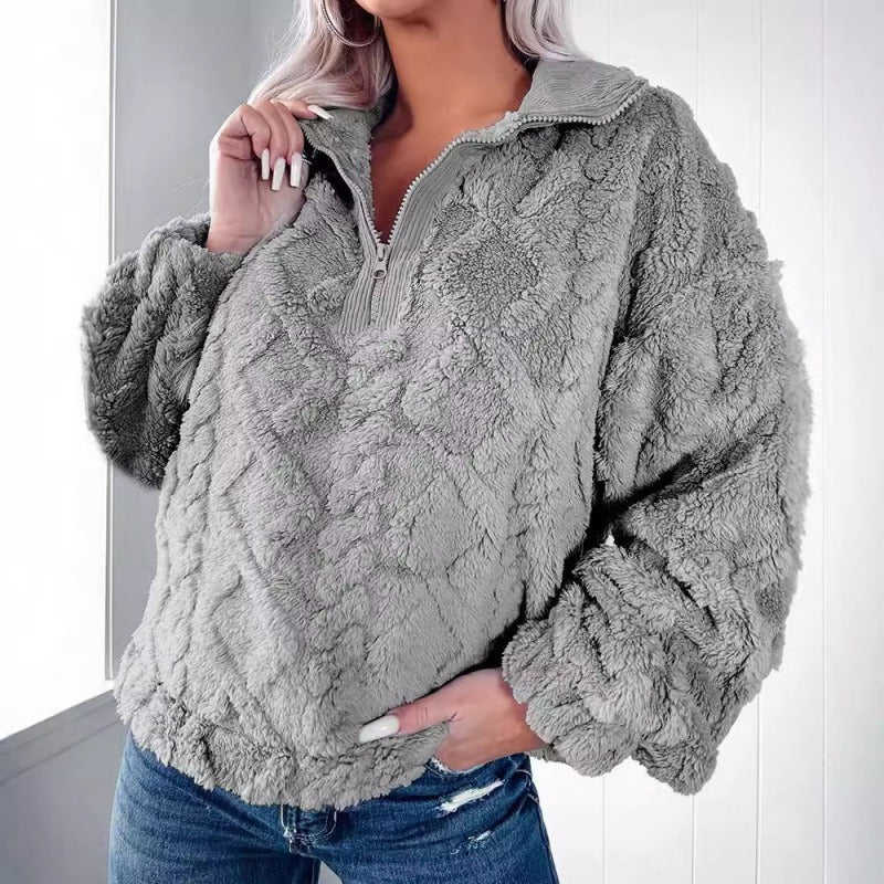 Women’s Pullover Sweatshirt – Plush Fleece – Oversized Fit – Half Zip Stand Collar