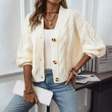 Women’s Cardigan Sweater – Wool Knit – V-Neck – Cable Knit – Button Front – Relaxed Fit