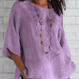 Women’s Blouse – Relaxed Fit – Embroidered Front – Short Sleeve – Natural Fibers