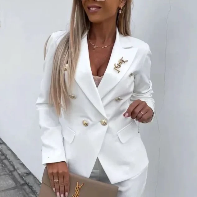 Women’s Suit Set – Tailored Double-Breasted Blazer – Slim Fit High Waist Trousers