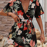 Women’s Romper – Floral Print – Wrap V-Neck – Ruffled Sleeves – Belted Short Fit