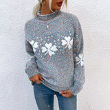 Women’s Sweater – Wool Knit – Relaxed Fit – High Neck – Floral Pattern – Long Sleeve