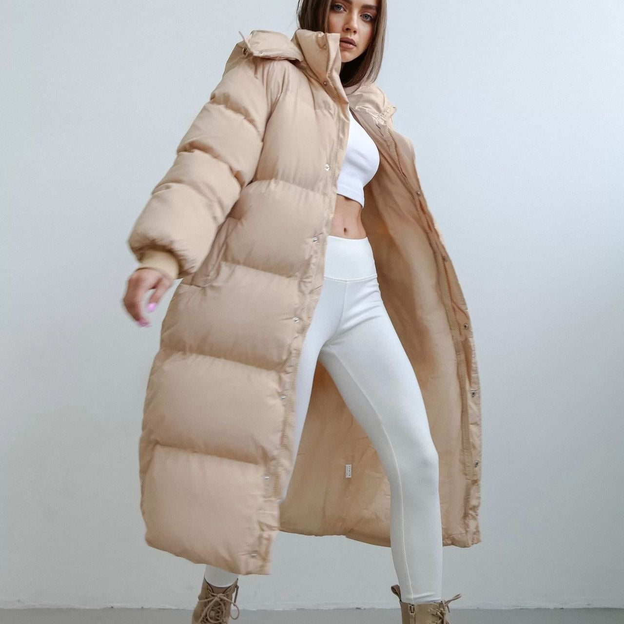 Women’s Long Puffer Trench Coat – Oversized Fit – Quilted Insulated – Hooded Zip Closure
